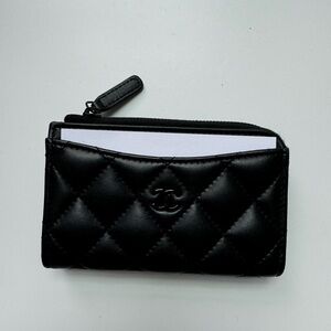 Chanel Lambskin Quilted CC Zip Around Card Holder Black